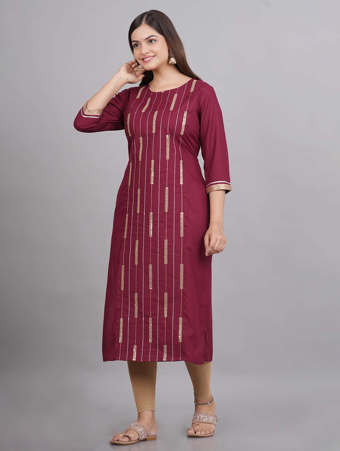 maroon sequin work round neck straight kurta - 20215072 -  Standard Image - 1