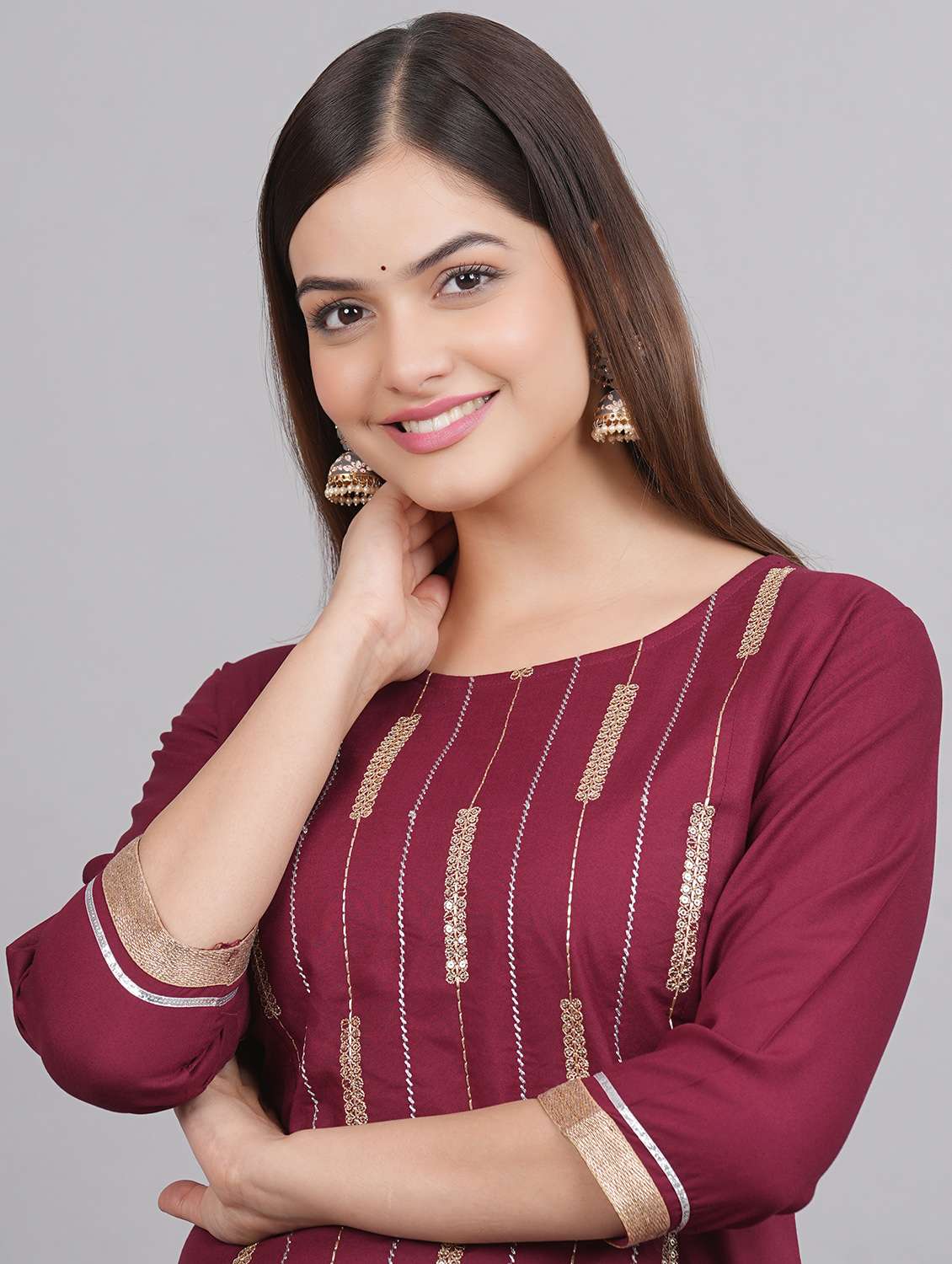 maroon sequin work round neck straight kurta - 20215072 -  Standard Image - 4