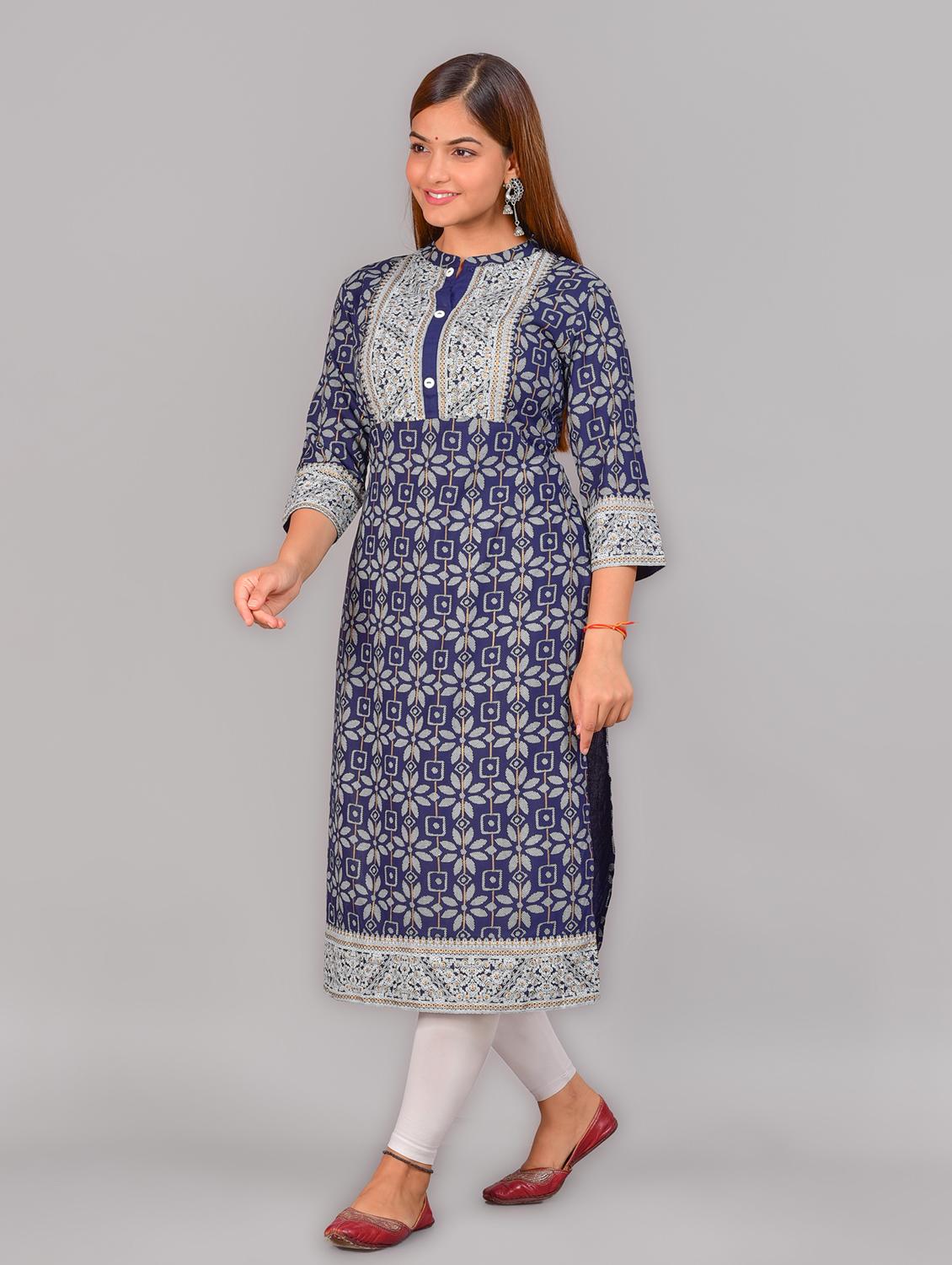 women navy blue mandarin neck straight kurta - 20215082 - Standard Image - 1