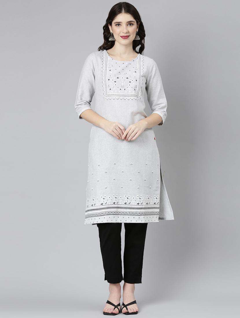 women grey round neck straight kurta
