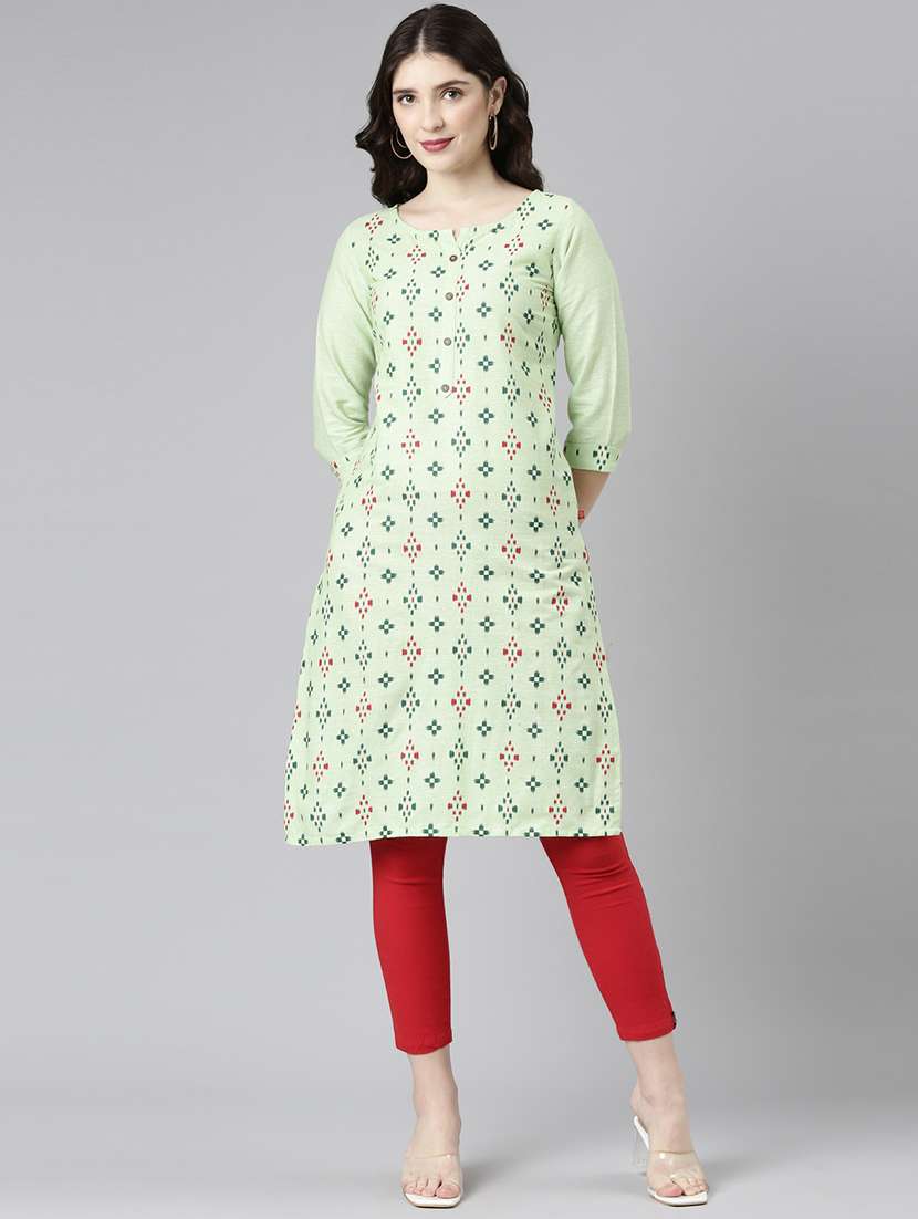 women green round neck straight kurta