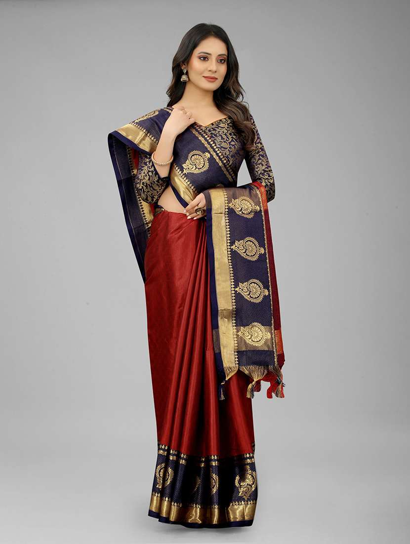 women maroon banarasi cotton silk saree with blouse - 20215559 -  Standard Image - 1