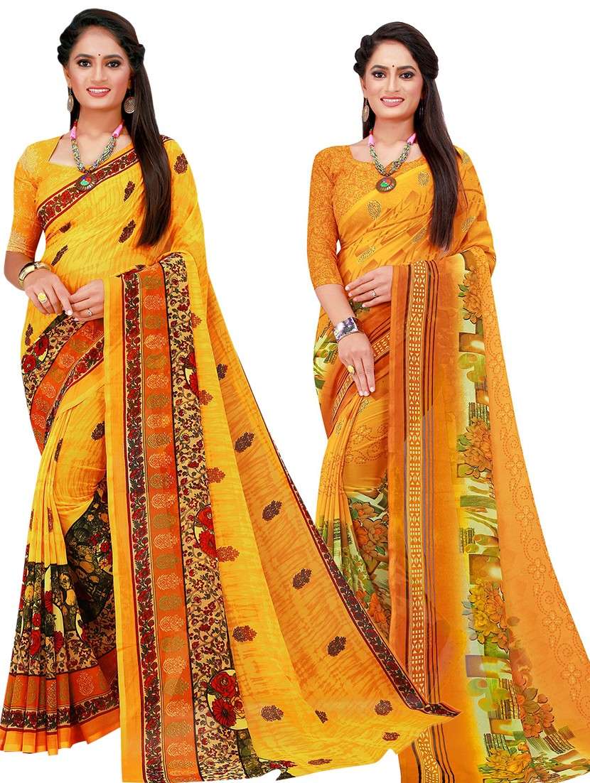 women's printed yellow colored saree with blouse