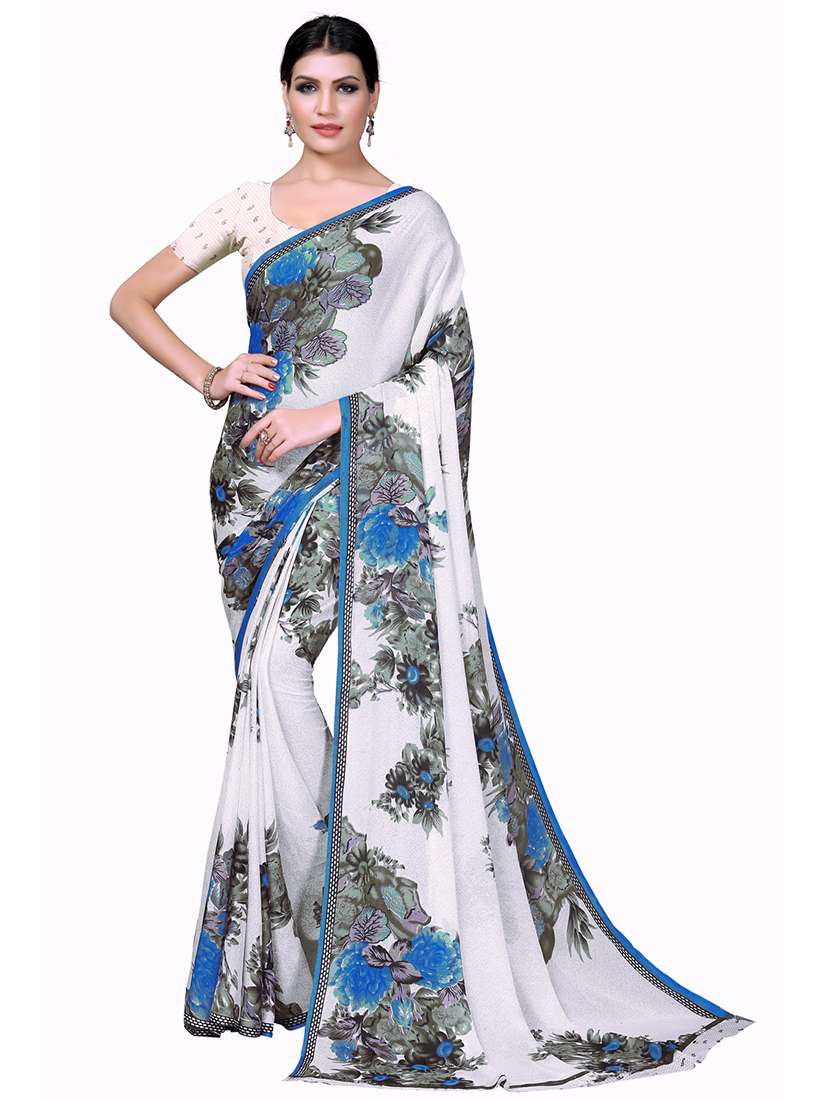 women's floral optic white colored saree with blouse