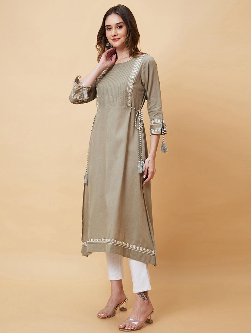 olive embroidered a-line kurta - 20221132 - Standard Image - 1