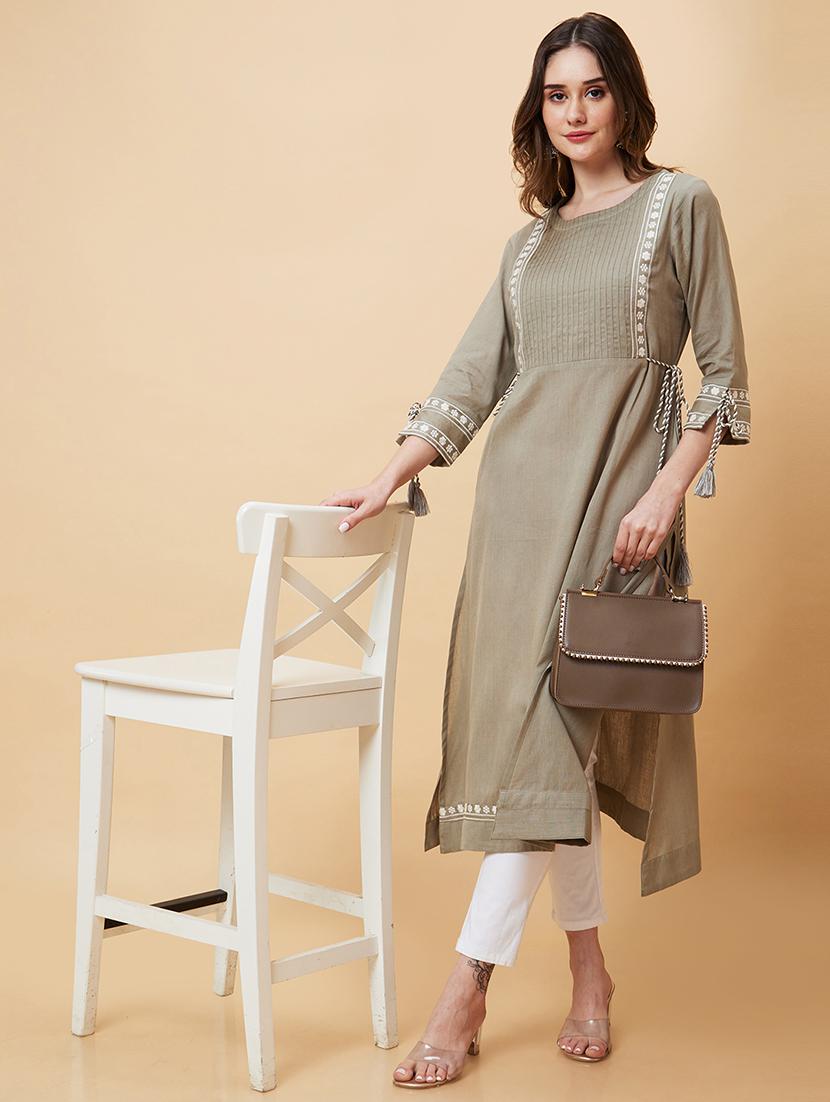 olive embroidered a-line kurta - 20221132 - Standard Image - 4
