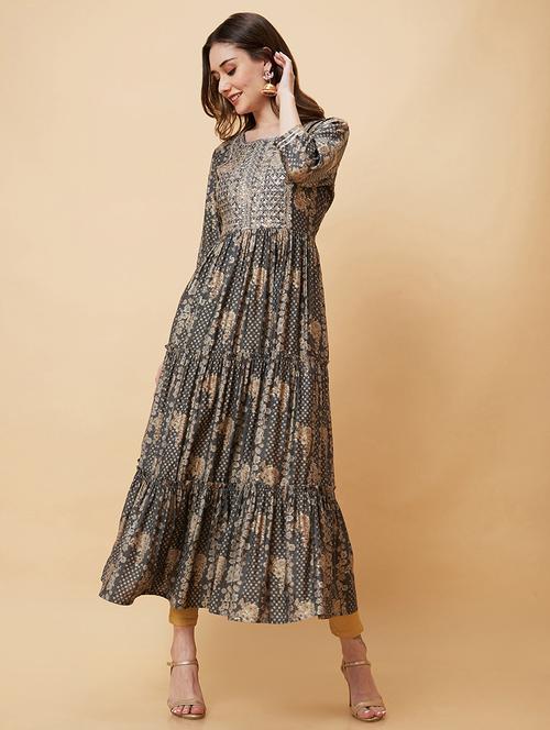 women grey polyester tiered kurta - 20221135 -  Standard Image - 0