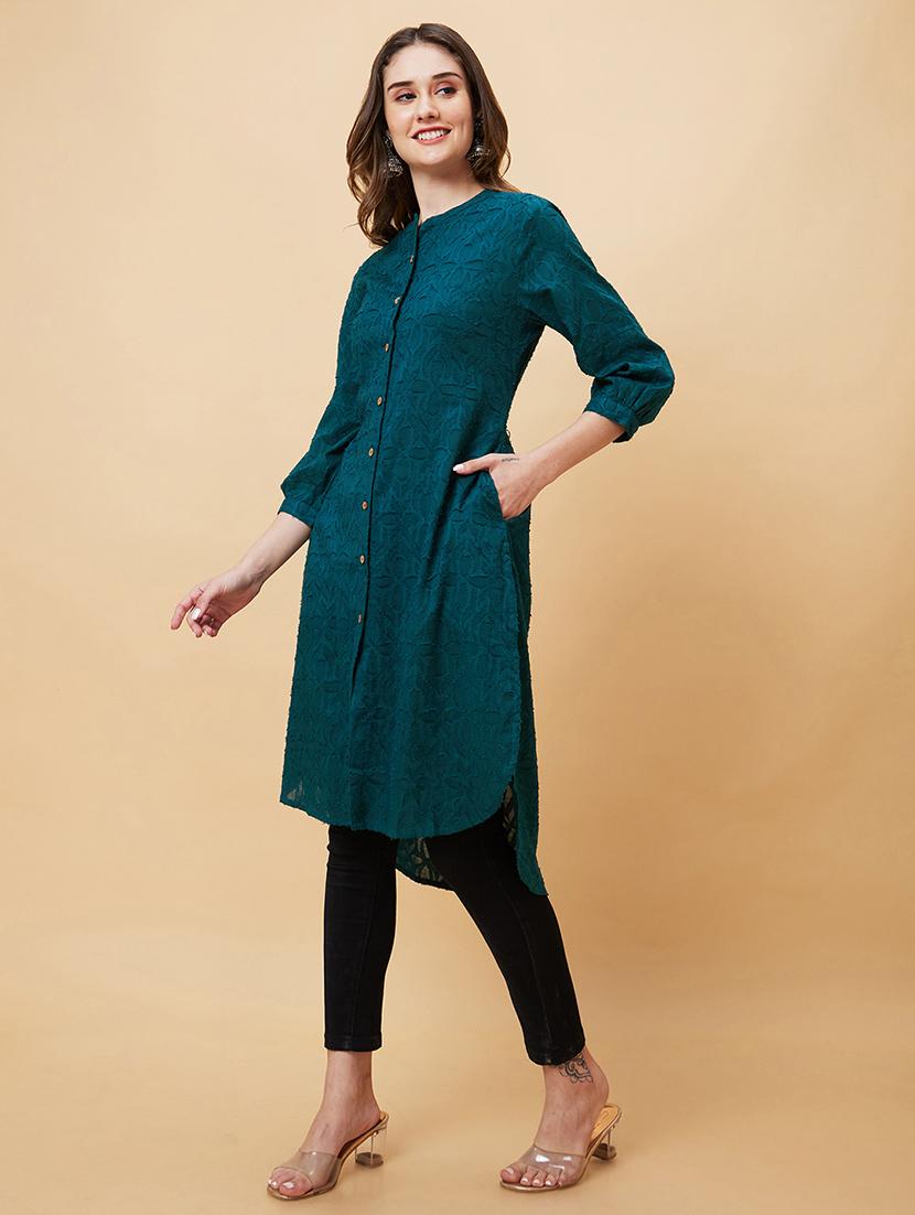 green self-designed straight kurta - 20221137 - Standard Image - 1