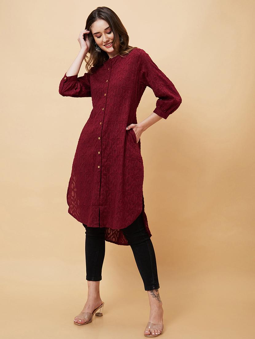 maroon self-designed straight kurta - 20221138 - Standard Image - 1