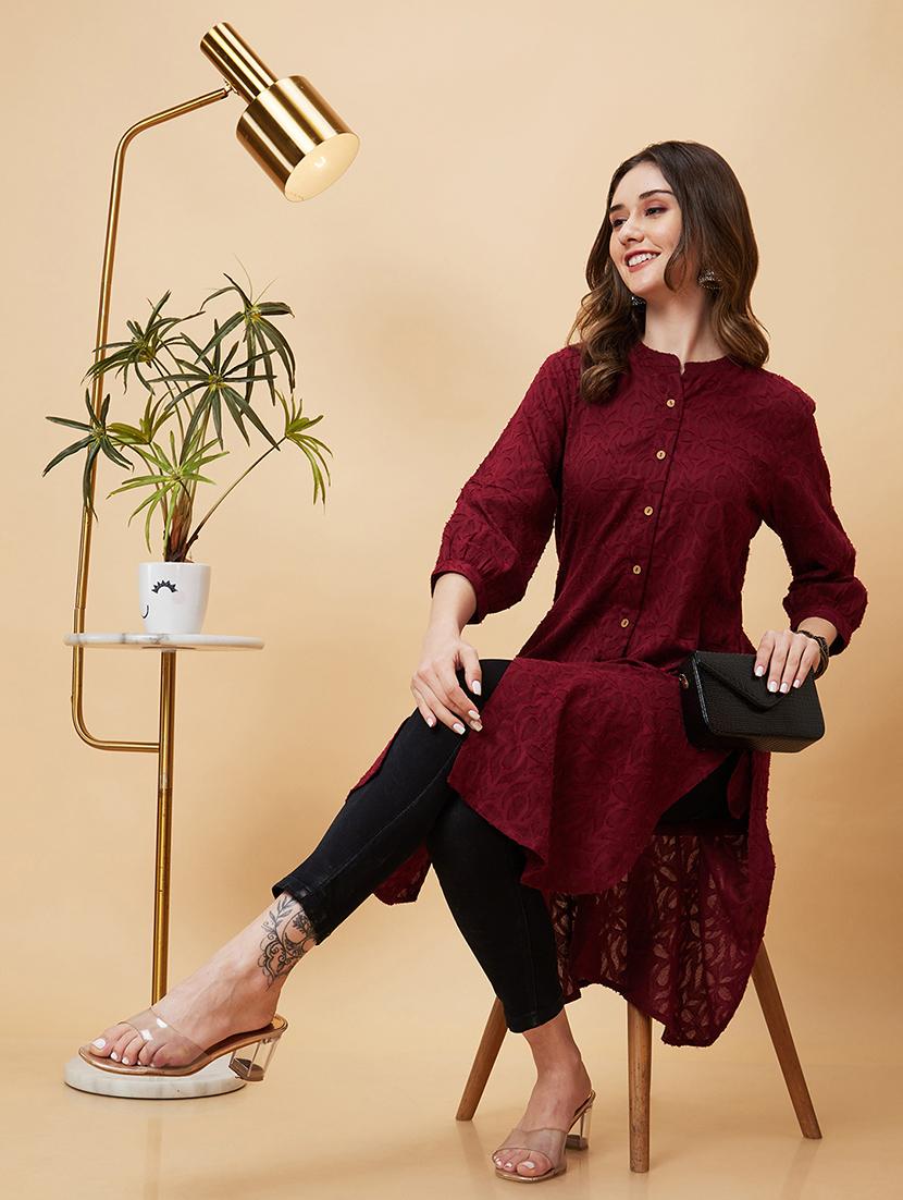 maroon self-designed straight kurta - 20221138 - Standard Image - 4