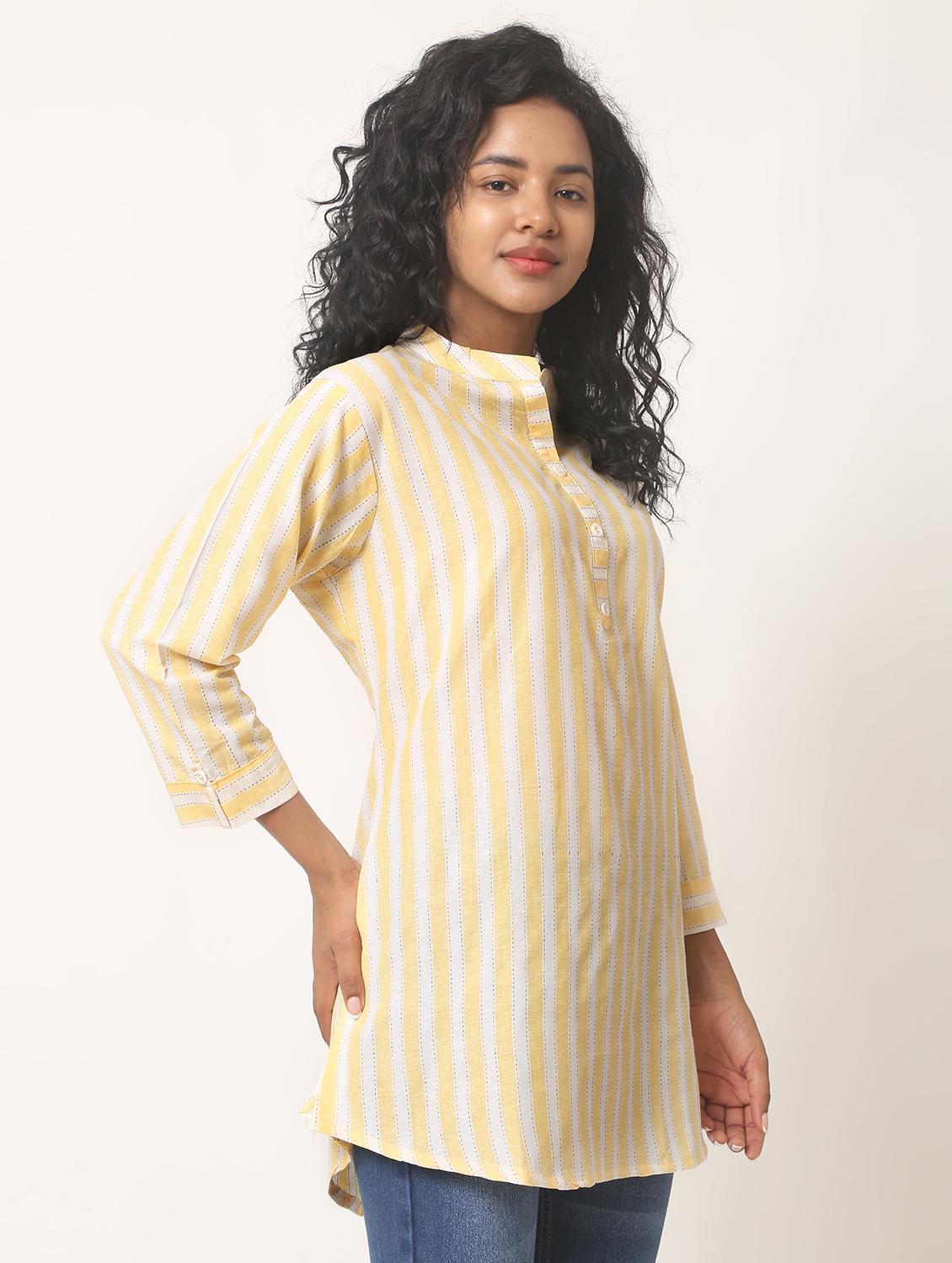 yellow stripes mandarin neck regular tunic - 20221184 - Standard Image - 1
