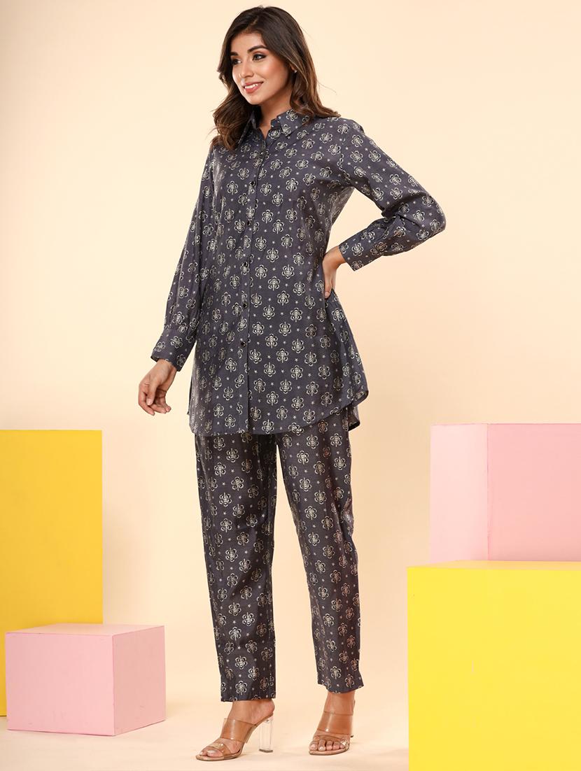 grey floral printed shirt collar co-ord sets - 20223094 -  Standard Image - 1