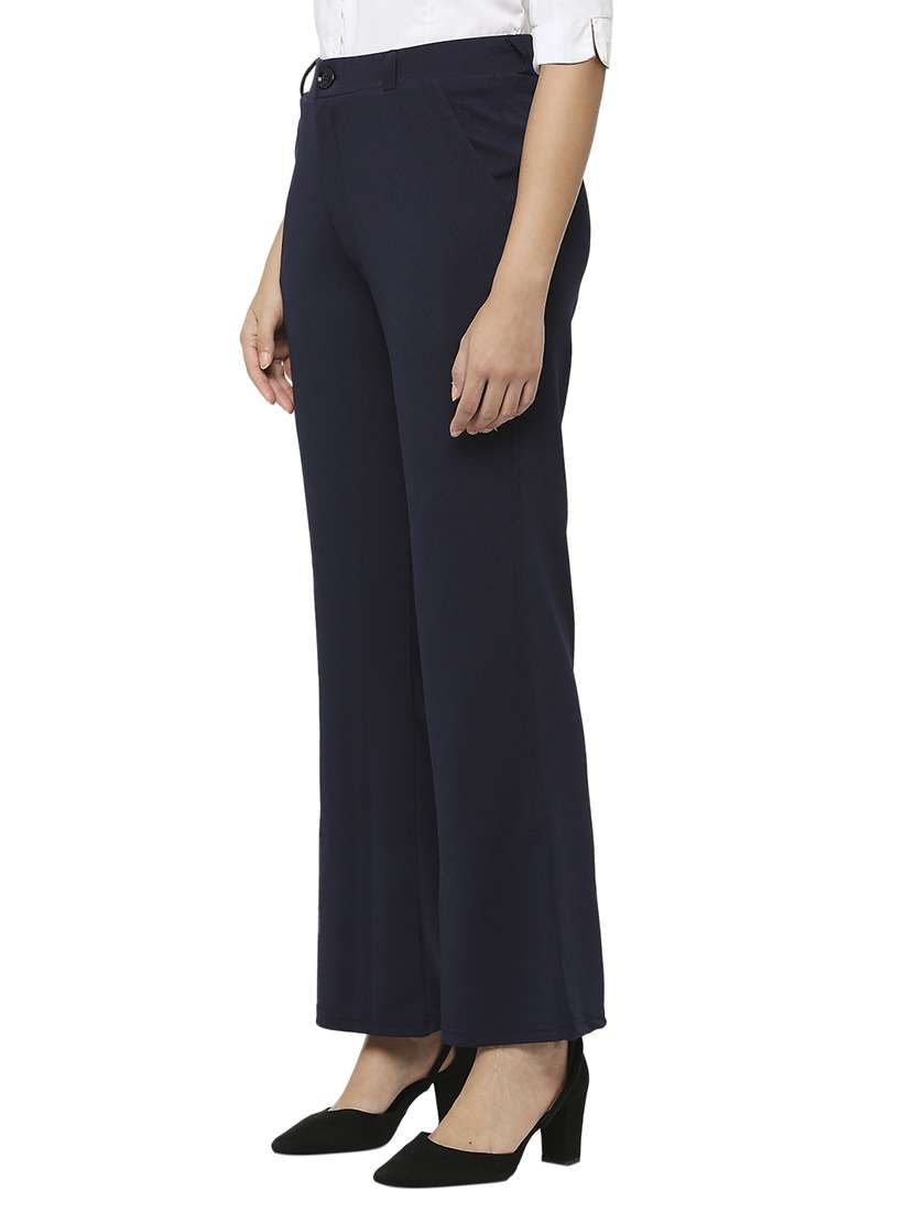 navy blue solid high rise bootcut trouser - 20223739 -  Standard Image - 1
