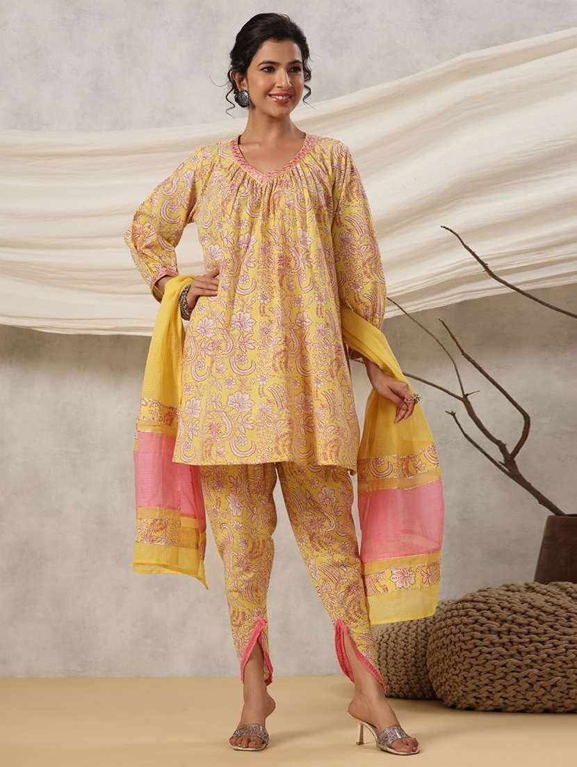 women three quarter sleeve dhoti kurta with dupatta set