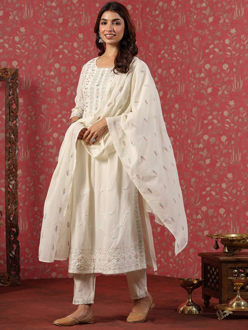off-white round neck kurta pant set with dupatta - 20223765 -  Standard Image - 1