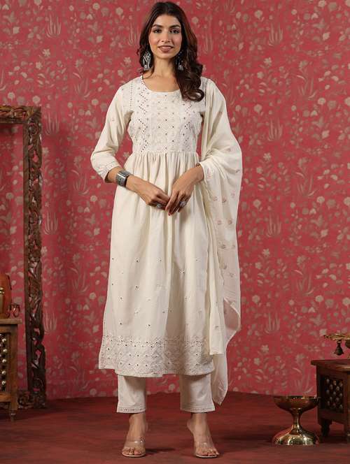 cream solid round neck kurta pant set with dupatta - 20223807 - Standard Image - 0