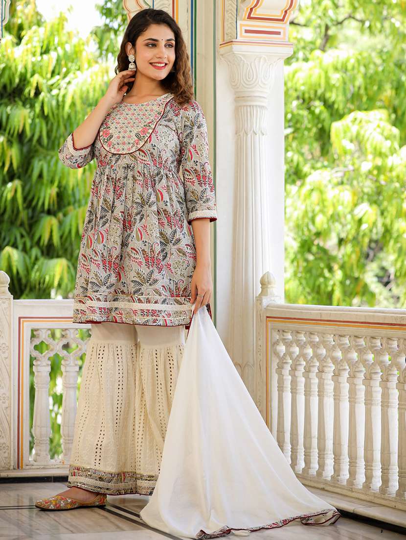 women cream kurta palazzo set with dupatta - 20223816 -  Standard Image - 1