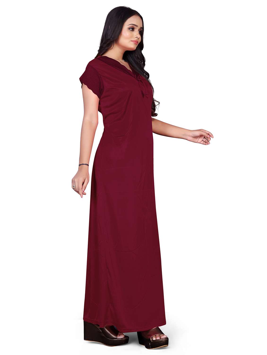 maroon solid detailed nighty - 20223877 -  Standard Image - 1