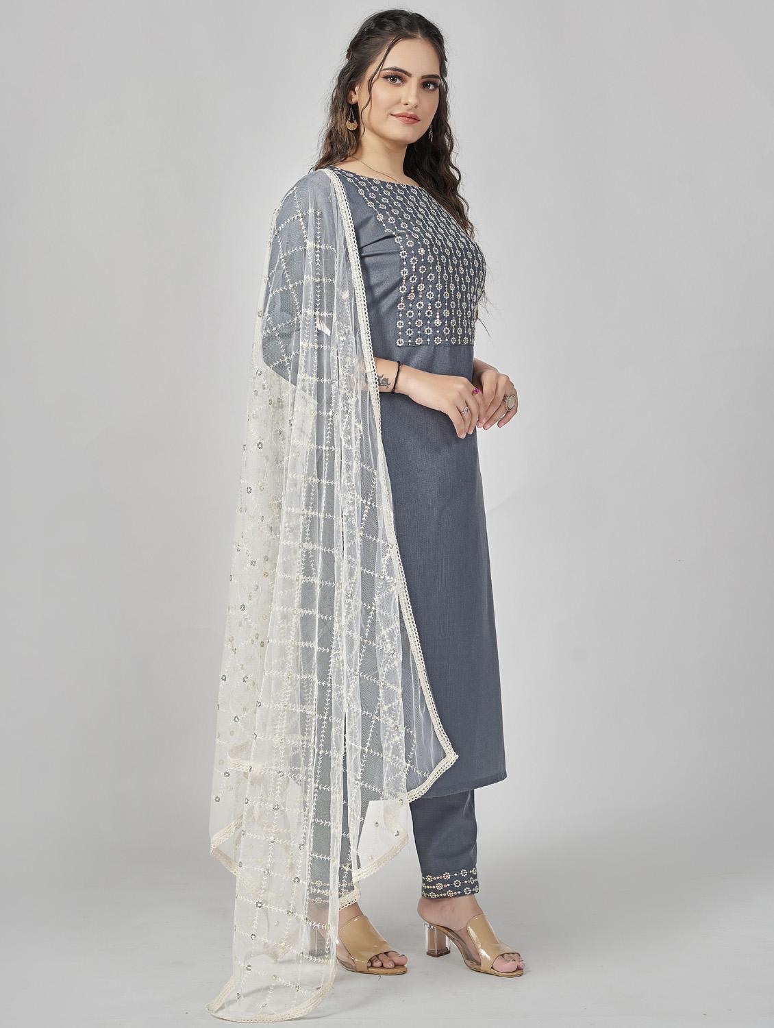 women grey round neck kurta pant set with dupatta - 20223896 - Standard Image - 1