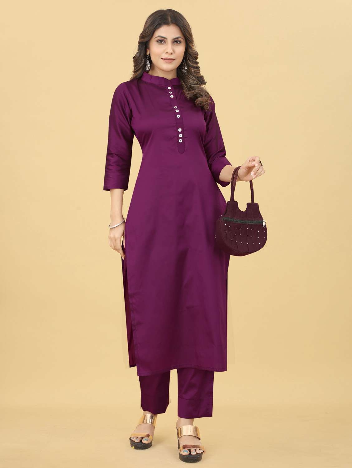 women purple solid mandarin neck kurta pant set - 20224233 -  Standard Image - 1
