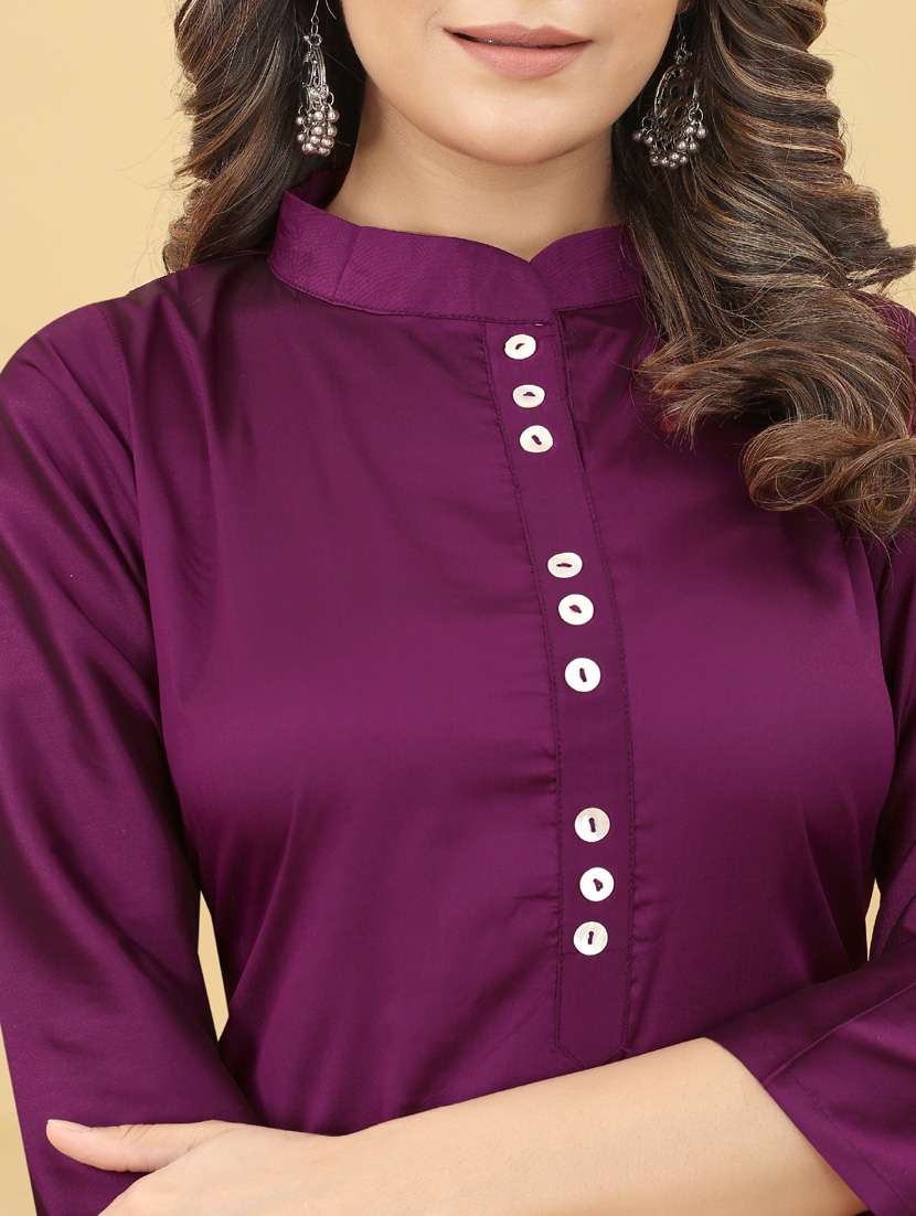 women purple solid mandarin neck kurta pant set - 20224233 - Standard Image - 4