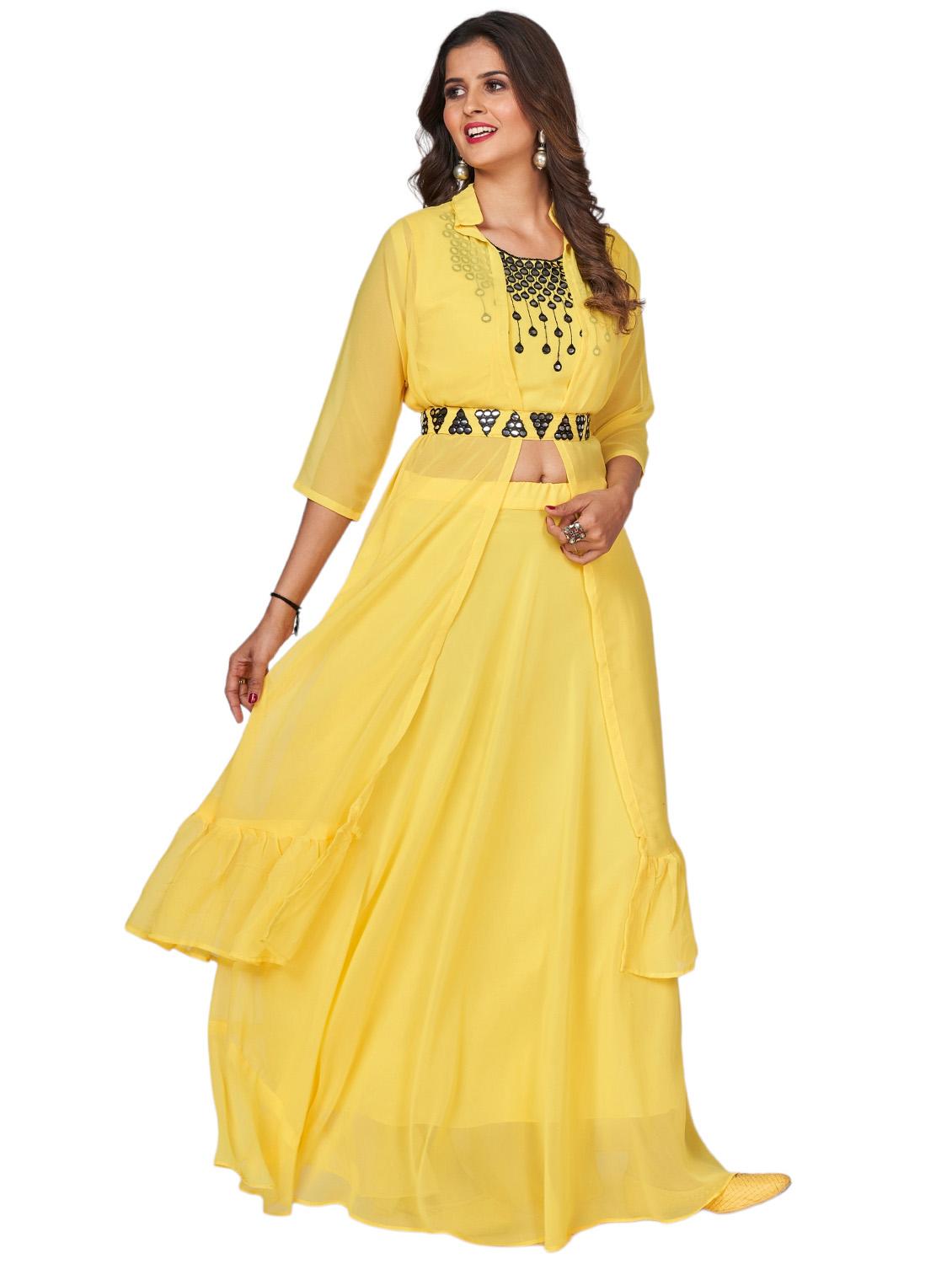 yellow mirror work top skirt & shrug fusion set  - 20224325 -  Standard Image - 1