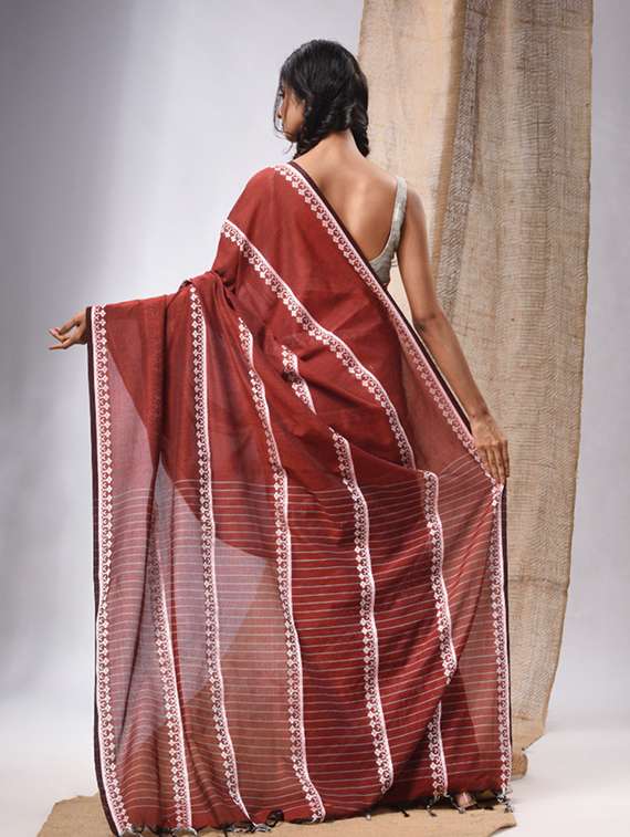 women's stripes maroon colored saree with blouse - 20225349 -  Standard Image - 1