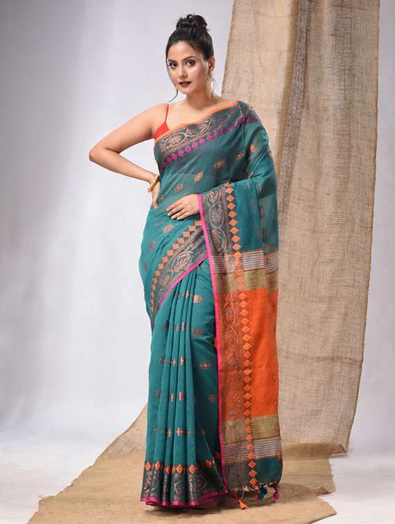 women's self design teal colored saree with blouse