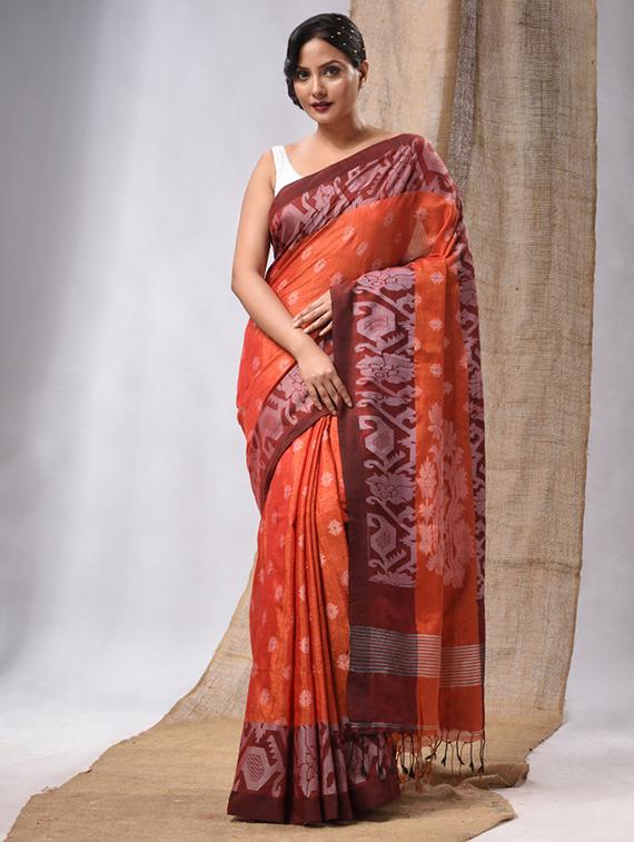 women's self design orange colored saree with blouse - 20225393 -  Zoom Image - 0