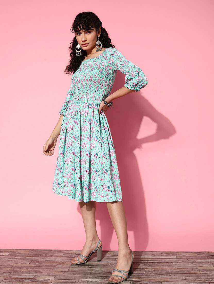 light blue florals printed square neck a-line dress - 20225505 -  Standard Image - 1