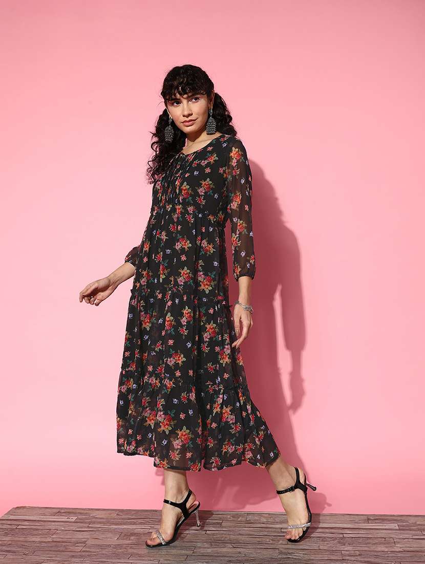 black florals printed round neck dress - 20225509 -  Standard Image - 1