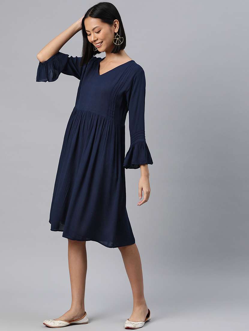 women navy blue solids v- neck flared dress - 20225513 -  Standard Image - 1