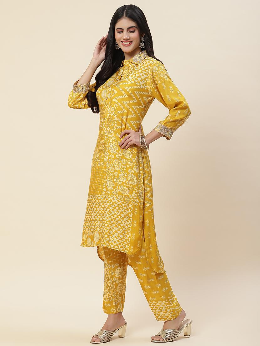 yellow chanderi kurta pant set - 20225593 - Standard Image - 1