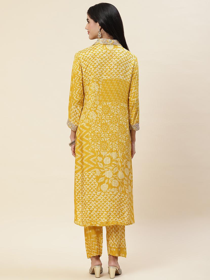 yellow chanderi kurta pant set - 20225593 - Standard Image - 4