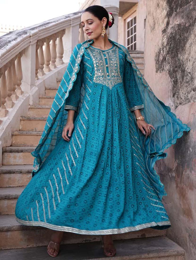 teal colored kurta dupatta set - 20225725 - Standard Image - 1