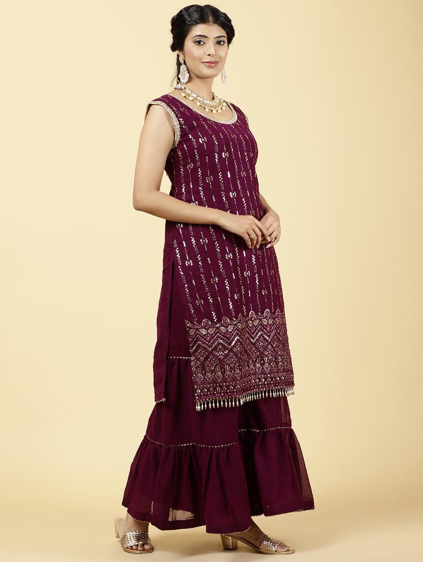 burgundy colored kurta sharara set - 20225745 - Standard Image - 1