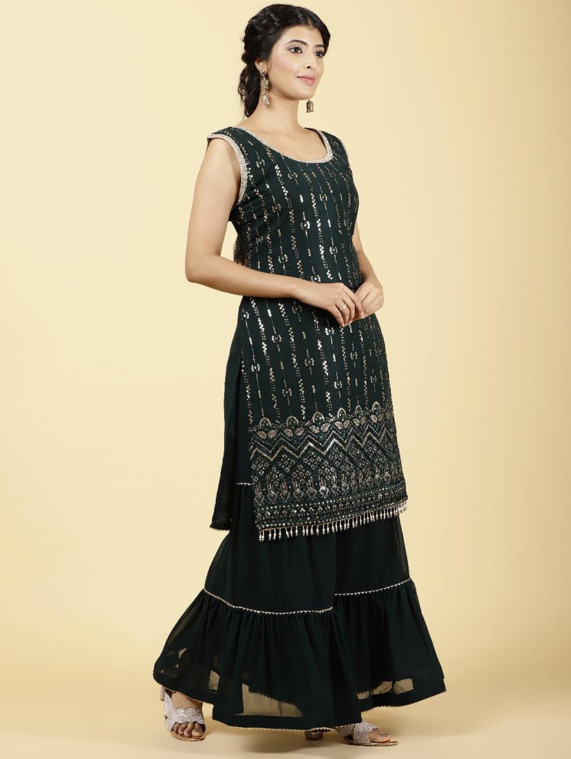 bottle green colored kurta sharara set - 20225746 - Standard Image - 1