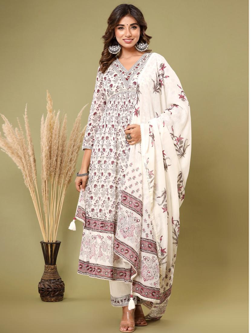 off white colored kurta pant set - 20225829 -  Standard Image - 1