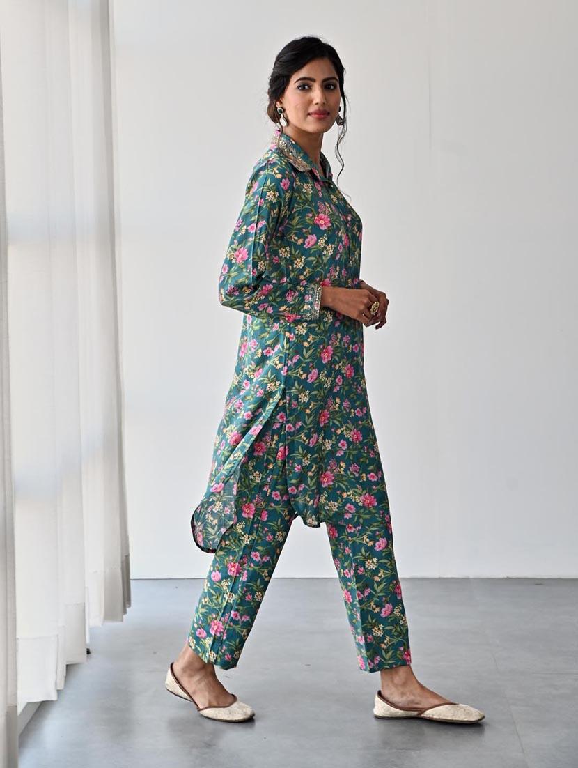 teal colored kurta pant set - 20225840 - Standard Image - 1
