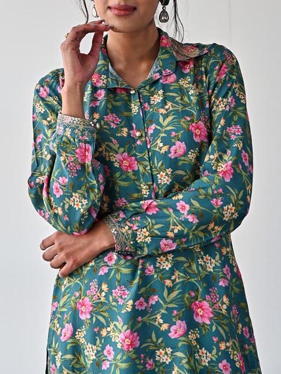 teal colored kurta pant set - 20225840 - Standard Image - 4