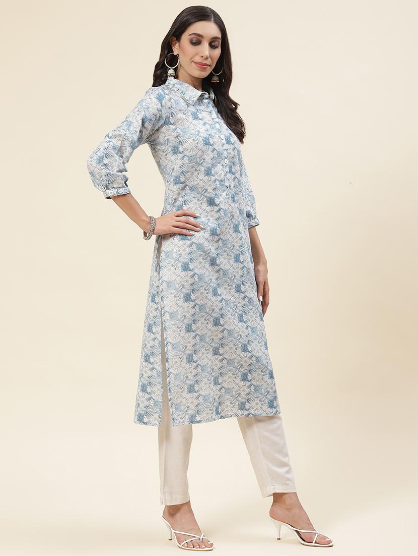 blue linen straight kurta - 20225912 - Standard Image - 1