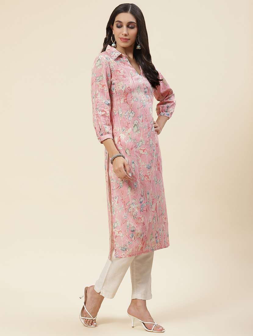 pink linen straight kurta - 20225916 - Standard Image - 1