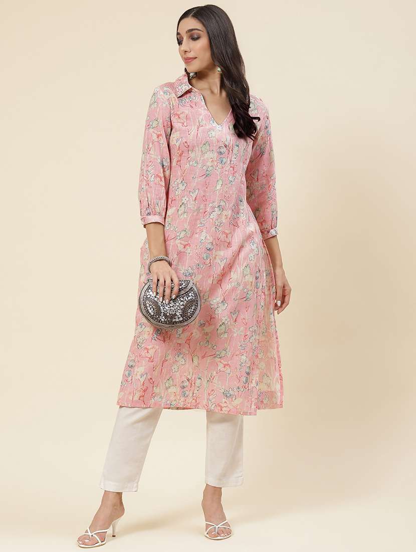 pink linen straight kurta - 20225916 - Standard Image - 4
