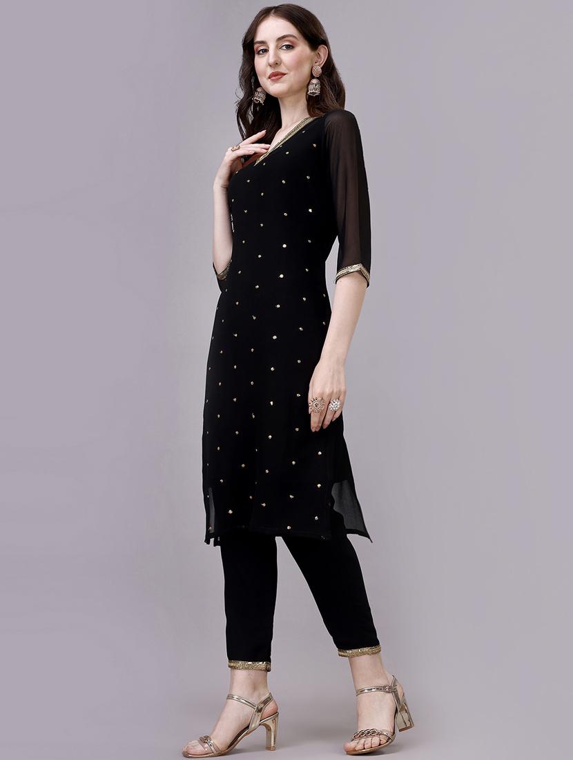 women black v-neck kurta pant set - 20239148 - Standard Image - 1