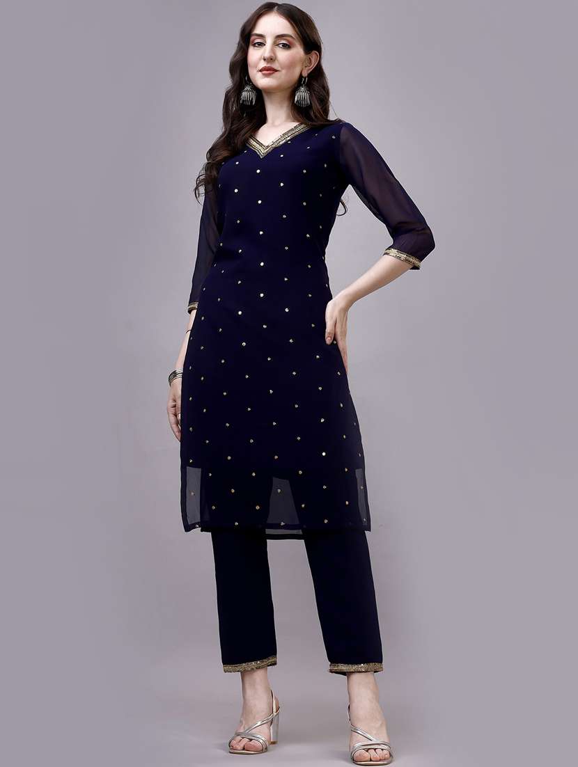 women blue v-neck kurta pant set - 20239149 -  Standard Image - 1