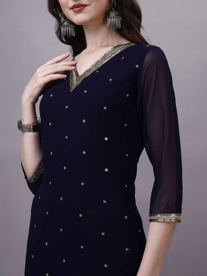 women blue v-neck kurta pant set - 20239149 -  Standard Image - 4