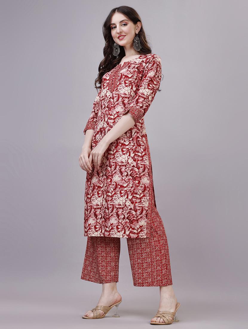 women red notch neck kurta palazzo set - 20239161 -  Standard Image - 1