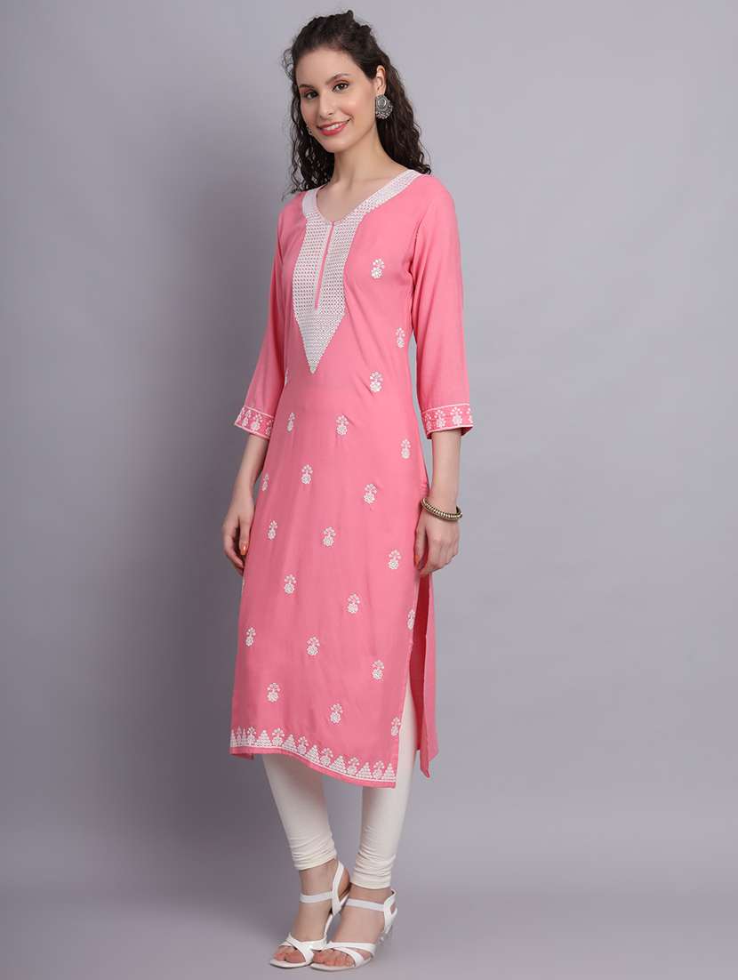 women pink chikankari work straight kurta - 20239512 - Standard Image - 1