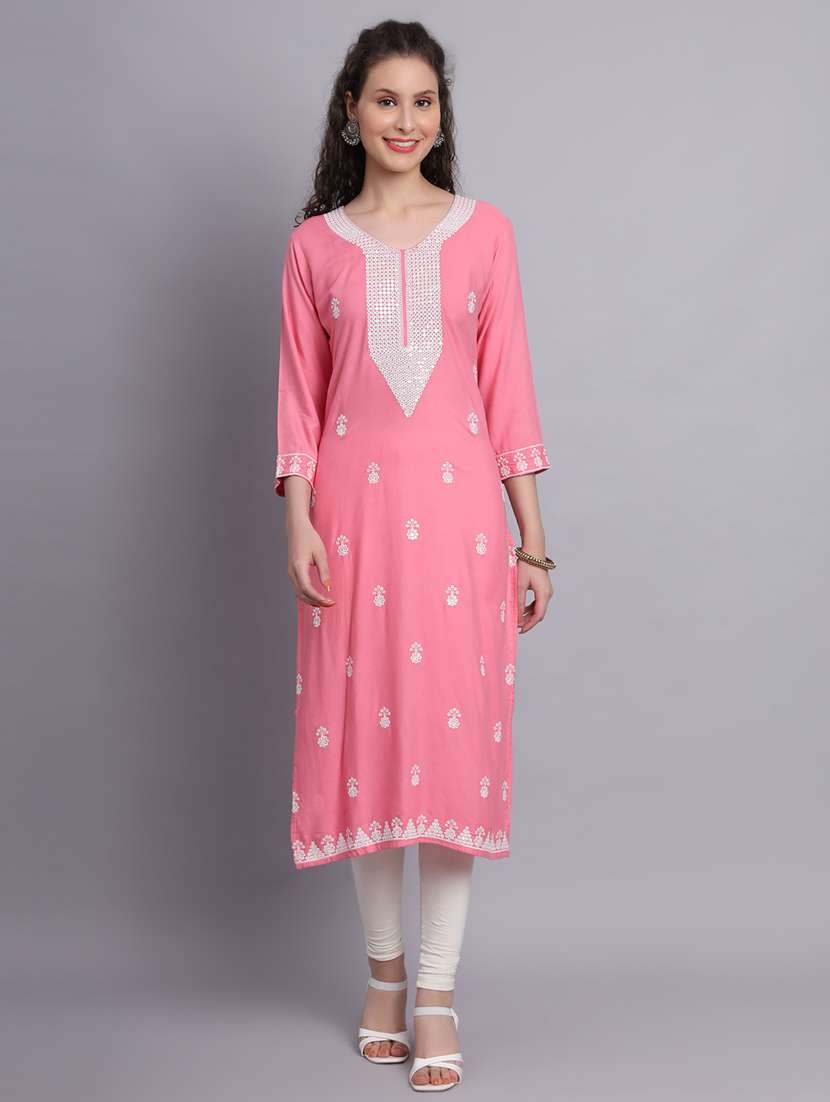 women pink chikankari work straight kurta - 20239512 - Standard Image - 4