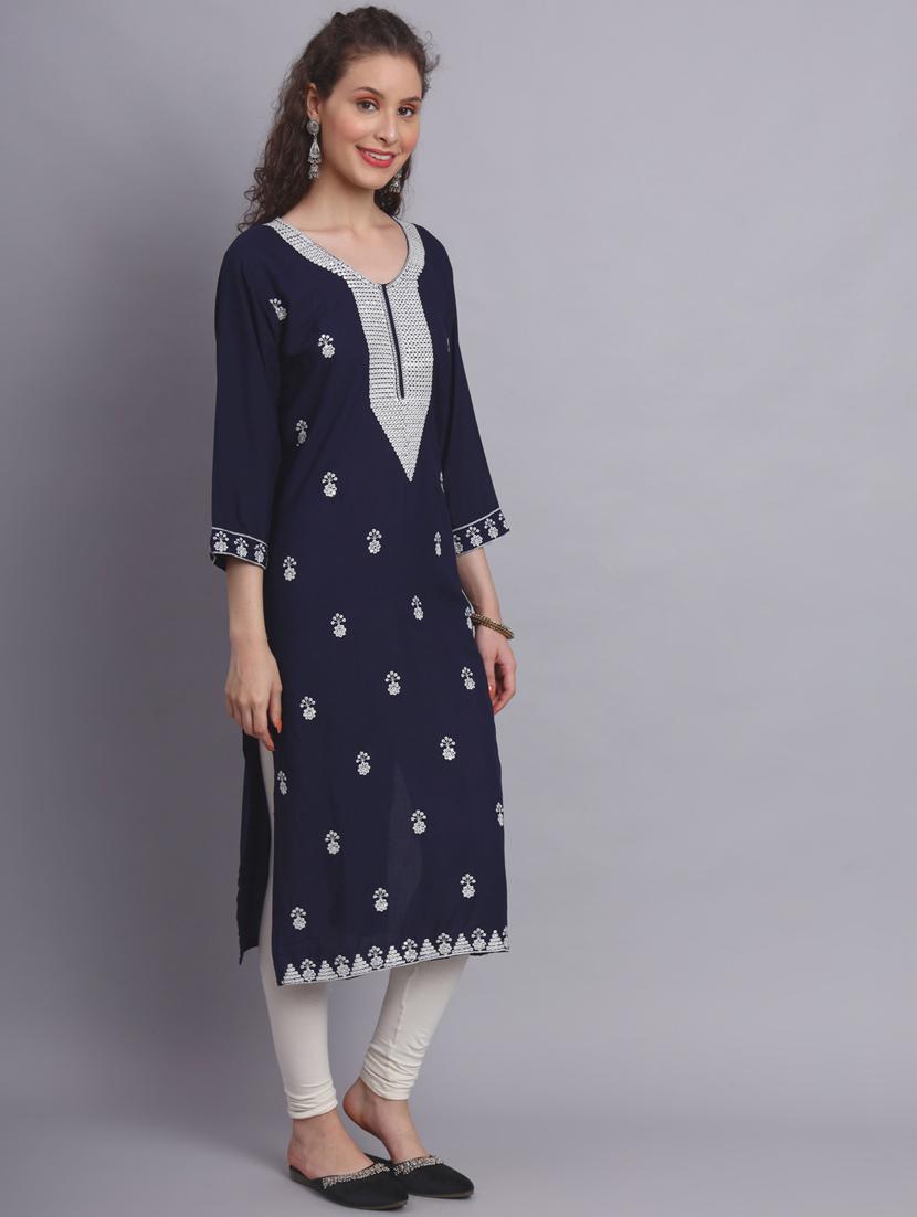 women navy blue chikankari work straight kurta - 20239513 - Standard Image - 1